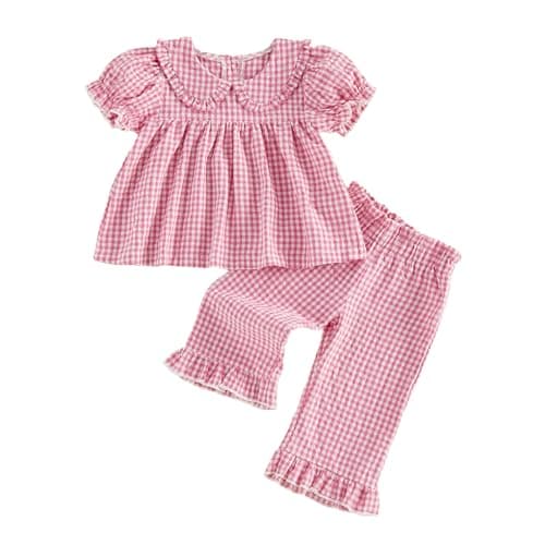 Image of Geagodelia Kids Toddler Baby Girls Summer Clothes Gingham Print Peter Pan Collar Short Puff Sleeve Peplum Tops and Trousers Set Cute 2 Piece Outfit (Pink, 2-3 Years)