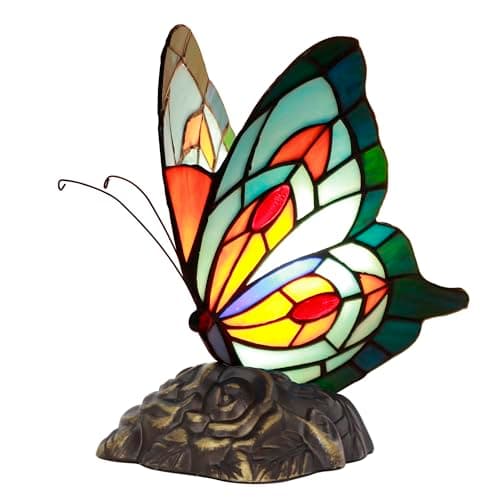 Image of ZJART Small Tiffany Table lamp Stained Glass Butterfly Desk Lamp 7X5X9.8 Inch Accent Antique Light (Yellow Butterfly) (Blue Butterfly)