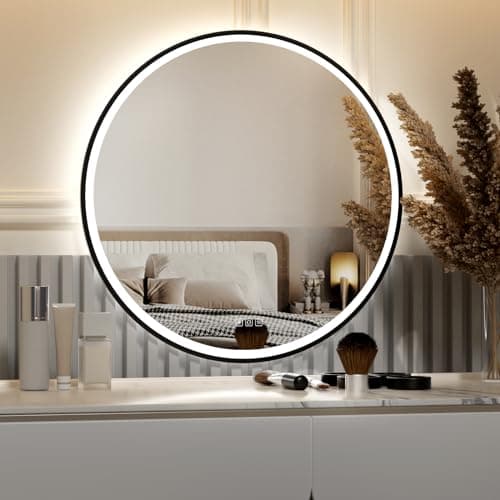 Image of furduzz Round LED Bathroom Mirror with Black Frame, 700mm Vanity Mirror with Lights, Illuminated Wall Mounted Mirror with Anti-fog,Memory Function,3 Colors,Dimmable,Shatter-Proof Tempered Mirror