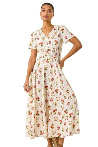 Image of Roman Shirred Empire Waist Dress for Women UK Ladies Midi Maxi Summer Spring Tiered Frill Hem Short Sleeve V Neck Button Through Boho Bohemian Holiday Cruise - Floral Ivory - Size 18