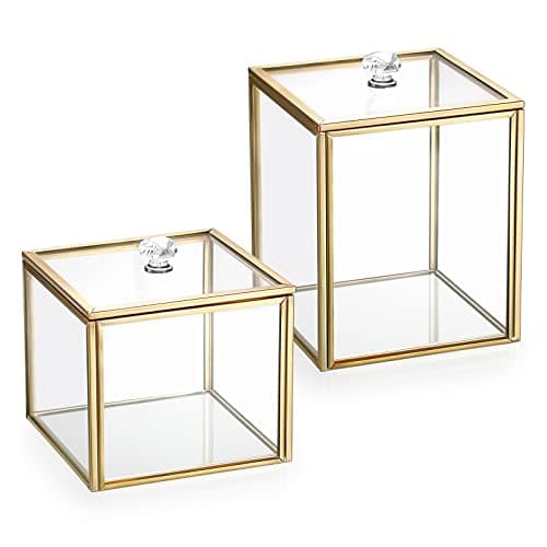 Image of SUMTree 2 PCs Qtip Cotton Ball Holder Gold Glass Qtip Dispenser with Lid, Floss Swab Bathroom Storage Jar Canister with Crystal Handle, Glass Storage Jar for Kitchen Bathroom Dressing Table