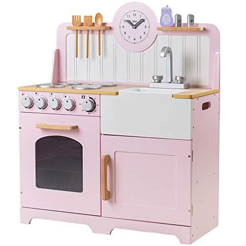 Image of Tidlo Pink Country Play Kitchen | Wooden Cooking Set for Kids | Toy with Pretend Oven, Hob, Sink & Utensil Accessories | Roleplay Food Gifts for 3+ Year Old Girls & Boys | Child's Educational Playset