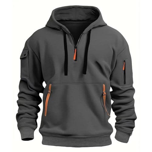 Image of LBL Men's Hoodies Casual Pullover Hooded Sweatshirt Long Sleeve Quarter Zip Hoody Tops With Kangaroo Pocket APH055 Dark Grey M