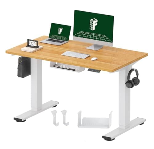 Image of FLEXISPOT E1 Plus ONE PIECE Electric Standing Desk Height Adjustable 120 x 60cm, Sit Stand Desk with 4 Memory Smart Panel, White Frame+Maple Desktop