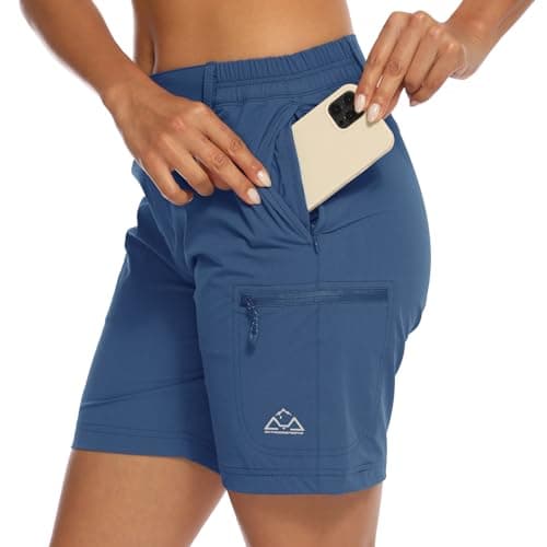 Image of donhobo Women's Activewear Shorts, Ladies Walking Hiking Summer Cargo Shorts Trousers Lightweight Quick Dry Outdoor Casual Stretch Shorts Trousers Denim Blue S