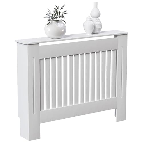 Image of Vida Designs Chelsea Radiator Cover White - Medium - Modern Vertical Slat Design For Optimal Heat Circulation - H82xW111xD19cm - Painted MDF Cabinet Ideal For Living Room & Hallway