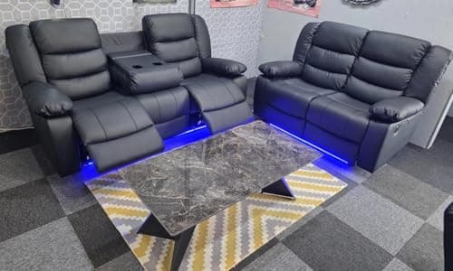 Image of Madrid Leather Electric Recliner Sofa With Cupholders - Leather Sofa - 3+2 Seater - USB Charging Ports - LED Lights (Black, 3+2 Seater)