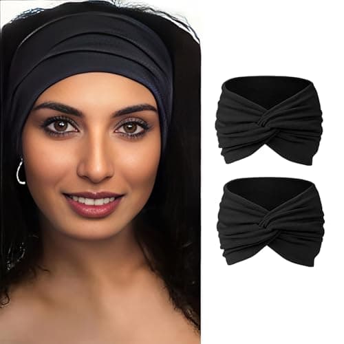 Image of Yyyuluo Women's Headbands 2 Pack - Wide Boho Knotted Head Wraps Soft Stretchy Hair Bands for Women Vintage Style Hair Accessories for Ladies (Black)
