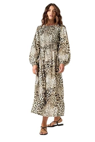 Image of Long Tall Sally - LTS Tall Natural Animal Print Shirred Maxi Dress - Women's Brown