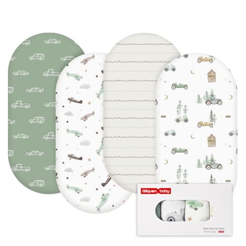 Image of GLLQUEN BABY 4Pack Moses Basket Fitted Sheets, Newborn Pram Sheets Fitted, 100% Microfiber Oeko-tex100 Cozy and Breathable Crib Baby Bassinet Sheets for Boy and Girl(Car)