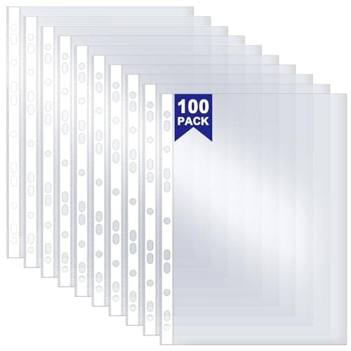 Image of Punched Pockets, 100 Pack A4 Clear Plastic Wallets 90 Micron Extra Strong Sleeves, Top Opening Poly Pocket Sheet Protectors for Ring Binder File Folders