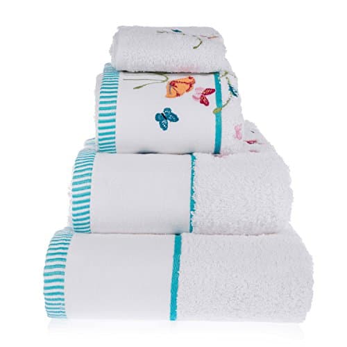 Image of HOMESCAPES 100% Turkish Cotton 'Floral Butterfly' White Bath Towels Set Colourful Butterfly and Flowers