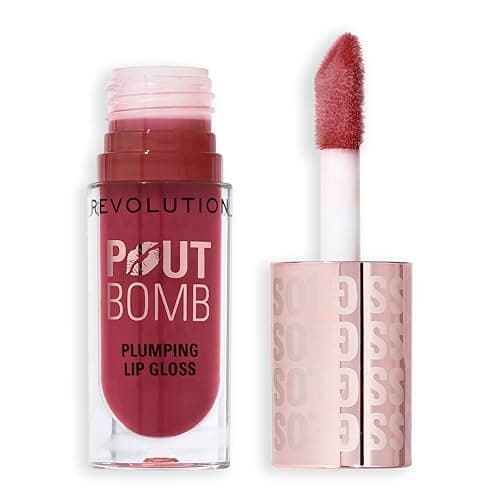 Image of Revolution Beauty, Pout Bomb Plumping Lip Gloss, High-Shine for Glossy, Fuller & Plump Lips with Hyaluronic Acid & Peptides, Vegan & Cruelty-Free, Rosewood Rose Pink
