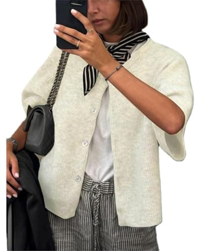 Image of Felcia Women's Knitted Crop Cardigan Shirt Short Sleeve Sweater Round Neck Ribbed Button Down Sweater Y2k Preppy Fall Outfits (A-White, M)