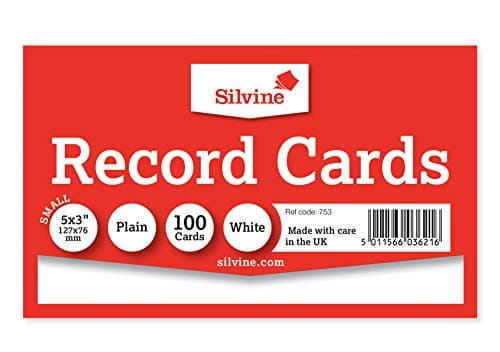 Image of Silvine 5x3 White Record Cards - Plain, 100 Cards Per Pack. Ref 753 (127 x 76mm)