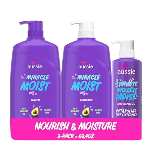 Image of Aussie Miracle Moist Shampoo, Conditioner and 3 Minute Miracle Deep Conditioner Hair Treatment Bundle, Infused with Avocado & Australian Jojoba Oil, Paraben Free