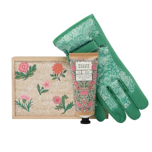 Image of William Morris At Home Hand Recovery Cream 100ml and Gardening Gloves in a Wooden Box, Shea Butter, Fragranced Hand Care Moisturiser, Gift For Keen Gardener, Cruelty and Vegan Friendly