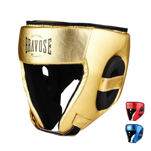 Image of BRAVOSE Fearless Boxing Headguard | Velcro Boxing, Training, Sparring & Martial Arts Headgear | Adjustable Head Guard for Ear, Cheek, Face Protection | Helmet for MMA, Kickboxing, Taekwondo (Gold)