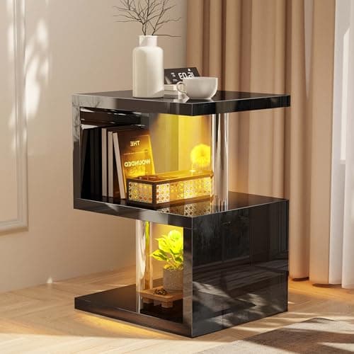 Image of Blisswood S-Shaped Side Table - Black High Gloss End Table with Storage Shelves and RGB LED Lighting, Modern Nightstand for Bedroom, Living Room or Small Spaces