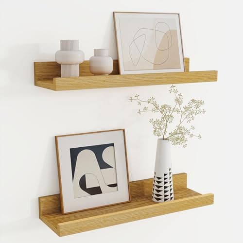 Image of Oak Floating Shelves Set of 2, 40cm Picture Ledge Shelf, Nursery Shelves with Lip for Storage, Kids Bookshelf Wood Wall Mounted Shelves for Living Room Bedroom Studies Decor Books Photo Frames