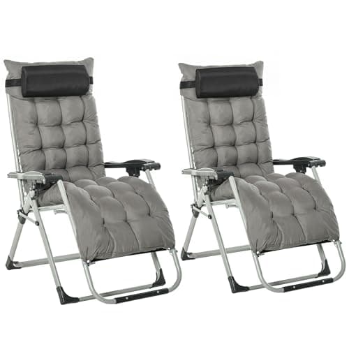 Image of Outsunny 2 Piece Reclining Zero Gravity Chair Metal Frame Folding Garden Sun Lounger with Cushion Headrest, Dark Grey