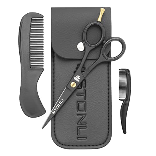 Image of STONLI® 5" Beard and Moustache Scissors with Comb & Pouch - Small Hairdressing Scissors - Nose, Ear & Eyebrows Hair Scissor (Black)