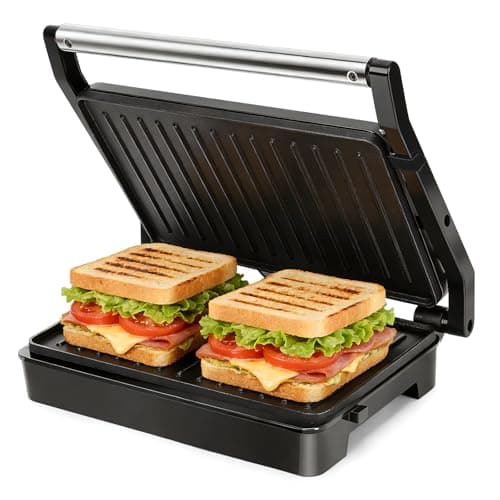 Image of Aigostar Sandwich Toaster Panini Press, 1000W Deep Fill Toastie Maker, Non-Stick-Coated Aluminium Plates, Indicator Light, Stainless Steel, Black-Larissa