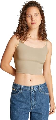 Image of Calvin Klein Women’s Elastic Tank Top with Logo Straps, Beige (White Pepper), M