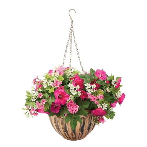 Image of Coopers of Stortford - Faux Petunia Hanging Basket, Mixed Colours - Year-Round Blooms with No Watering, Weather-Resistant Bronze-Look Pot