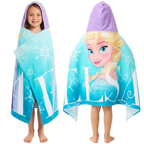 Image of Disney Frozen Elsa Hooded Towels for Girls, Cotton Beach & Bath Towel Poncho, Soft & Absorbent Hooded Kids Shower Swimming Wrap & Changing Robe, Pool, Travel & Holiday Essentials (Blue Frozen)