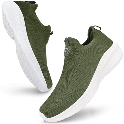 Image of Giniros Mens Slip On Trainers Casual Trainers Shoes Breathable Running Walking Sneakers Lightweight Tennis Shoes Soft Comforble Mesh Gym Workout Sneakers, Green UK 10