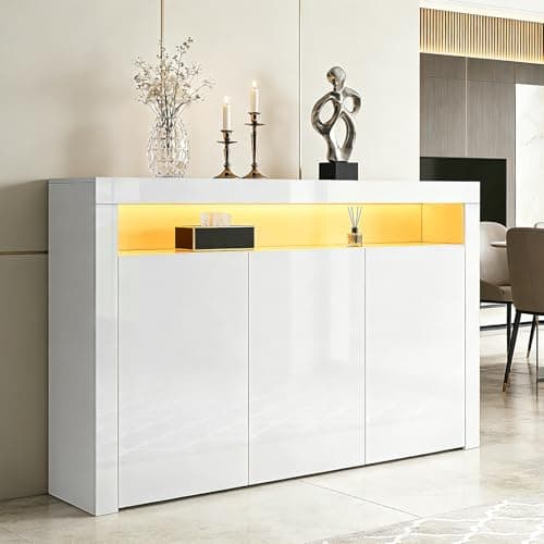 Image of Sideboard High Gloss 3 Doors Sideboard Cabinet Storage Cupboard with LED Lights Modern Living Room Bedroom Furniture (White)