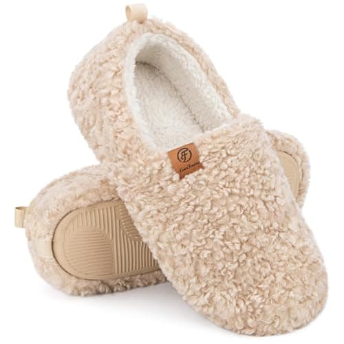 Image of EverFoams Women's Fuzzy Full Slippers Soft Comfy Faux Shearling Memory Foam Indoor House Shoes, Khaki, 7-8 UK