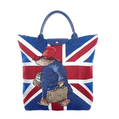 Image of Signare - Paddington Bear Union Jack Tapestry Foldaway Shopper Bag | Eco-Friendly, Recyclable Polyester | Vegan-Friendly PU Accents | Compact & Spacious, Red, One Size, Cotton Blend