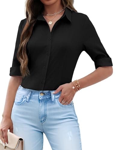 Image of Zeagoo Womens Black Shirt 3/4 Sleeve Blouses Ladies Shirts Button Down Fitted Black Shirt Business Blouse V-Neck Short Sleeve Tops Black M