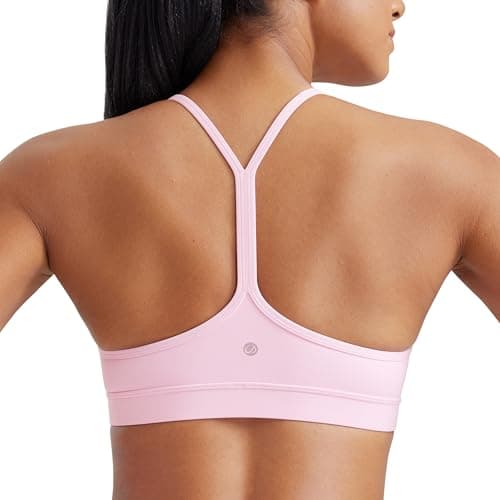 Image of CRZ YOGA Women's Butterluxe Padded Sports Bra - Low Impact Y Back Strappy Bra Racerback Spaghetti Straps Gym Yoga Bras Pink Peony S