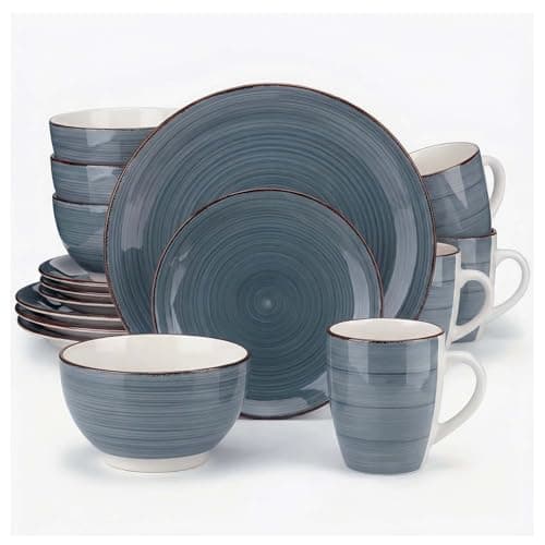 Image of Alivio 16-Piece Porcelain Dinner Set, Lead-Free Blue Glaze Dinnerware Set for 4, Microwave & Dishwasher Safe Plates, Bowls & Mugs (Grey)