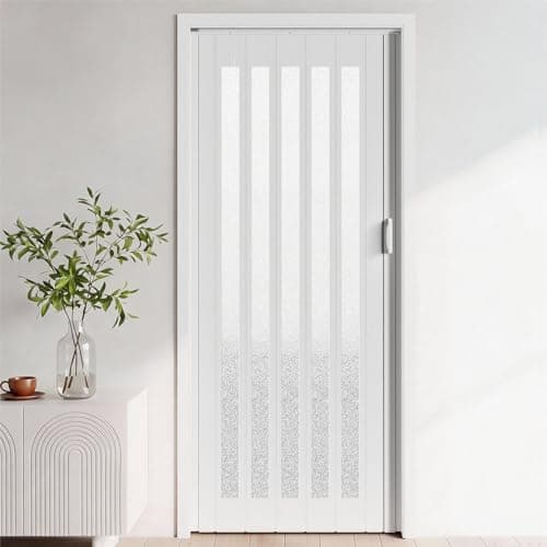 Image of INMOZATA Folding Doors Internal PVC Plastic Features Artistic Patterned Glass Internal Doors with Handle Sliding Concertina Door Panel Divider (White, Thickness 6mm)
