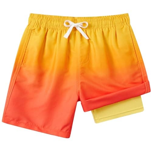Image of Kids4ever Boys Swimming Shorts with Compression Liner 2 in 1 Kids Swim Shorts Orange Gradient Summer Quick Dry Beach Boardshorts with Pockets 10-12 Years