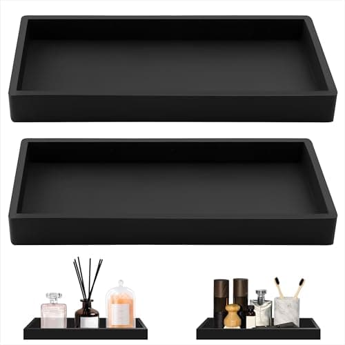 Image of Bathroom Trays Silicone Vanity Trays Rectangular Countertop Sink Storage Tray Organizer for Perfume Candles Soap Towel Plant Cosmetic 2 Pieces Black