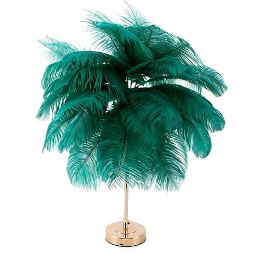 Image of Creative Green Ostrich Feather Table Lamp Bedside Lamp Light Luxury and Elegant Lampshade Night Light Table Lighting for Living Room Bedroom Home Decoration, Plug-in