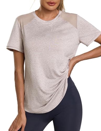 Image of Terecey Women's Sports T-Shirt Crew Neck Short Sleeve Tee Moisture Wicking Dry Fit Running Fitness Gym Tops Mesh Panel Breathable Lightweight Ladies Yoga Shirts, Khaki L