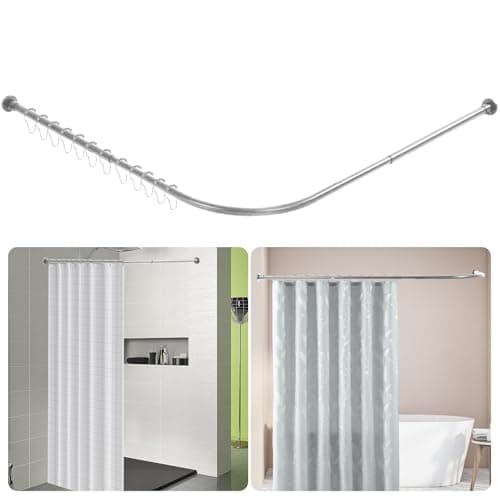 Image of Btstil Shower Curtain Rail L Shape, Adjustable Corner Shower Curtain Rod, Wall Mounted 304 Stainless Steel Curved Shower Rail With 12 Rings for Bathroom Bathtubs (Silver, 68-138cm x 68-138cm)