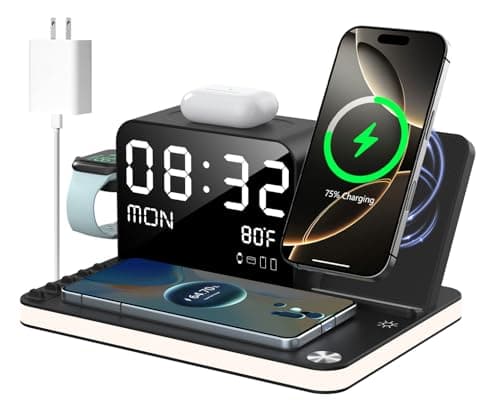 Image of Charging Station,7 in 1 Dual Phone Wireless Charger with Clock,Bedside Charging Dock with Light,33W Adapter,TimeSync,Fast Charger for iPhone17 16 15 14 13 12 Pro Max Apple Watch Airpods (Black-2)