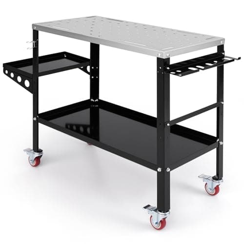 Image of COSTWAY 36" x 18" Steel Welding Table With 1200lbs Capacity on Wheels, 2-Tier Workbench With Tool Rack, Tray, 5/8" Fixture Holes, 8 Slots & 2 Nozzle Holders