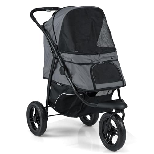 Image of COSTWAY Dog Stroller, 3 Wheels Foldable Dogs Pushchair Cats Pram with Adjustable Canopy, Storage Basket, One-Foot Brake, Pet Travel Buggy for Small and Medium Dog Cat (Grey)