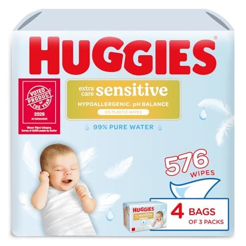 Image of Huggies Pure Extra Sensitive Baby Wipes – Plastic Free Wet Wipes, 99% Water, Fragrance Free, Hypoallergenic, Extar soft texture with soft pillows. – 12 Pack (576 Wipes)