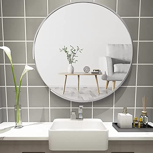 Image of Warmiehomy Round Bathroom Mirror Wall Mounted Makeup Mirror with Aluminium Frame for Bathroom Living Room Bedroom (Φ40cm, Silver)
