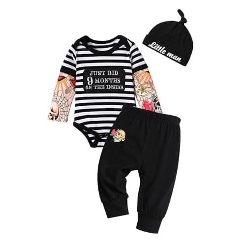 Image of Momkonzz Newborn Baby Boys Clothes Infant Boy Outfits Letter Print Romper Tops Long Pants with Hat 3PCS Set (Black 3-6M)