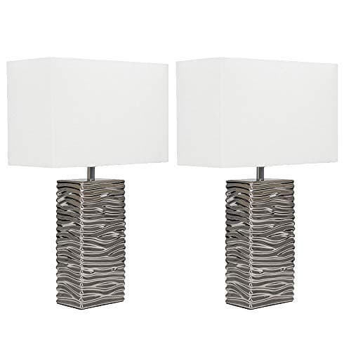 Image of MiniSun | Modern Silver Ripple Effect Ceramic Table Lamp with a White Light Shade | Home Décor, Bedside & Desk Lamp | Pair of 2 | Includes Bulb [3000K Warm White]